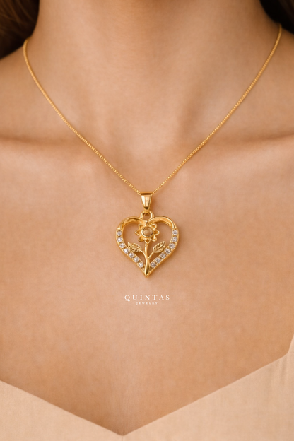Flower Heart Charm Necklace