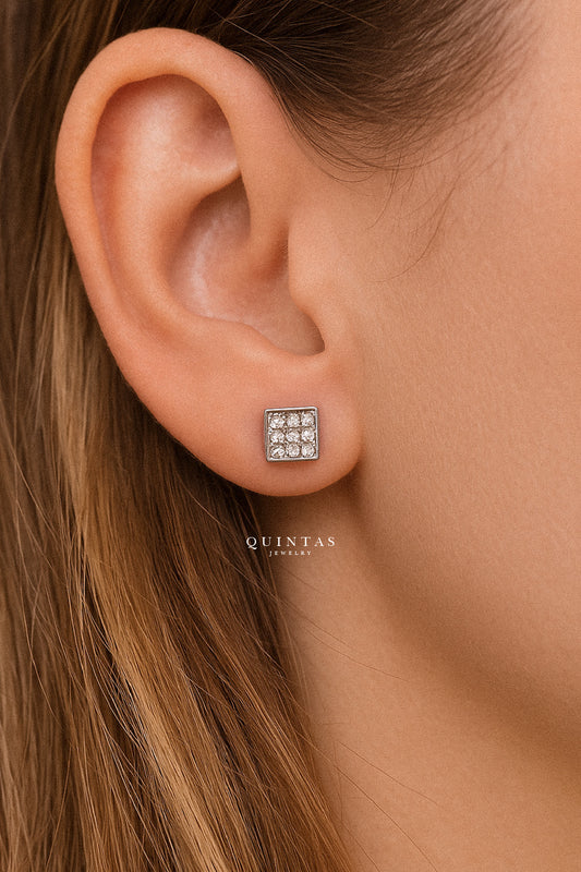 Diamond Square Silver Stud Earrings