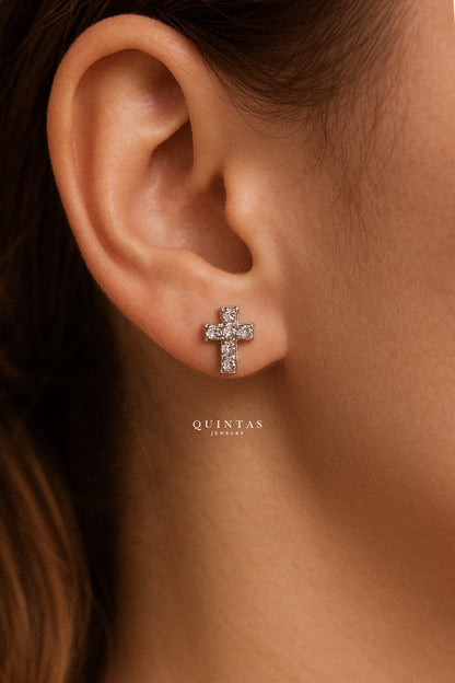 Iced Cross Silver Stud Earrings