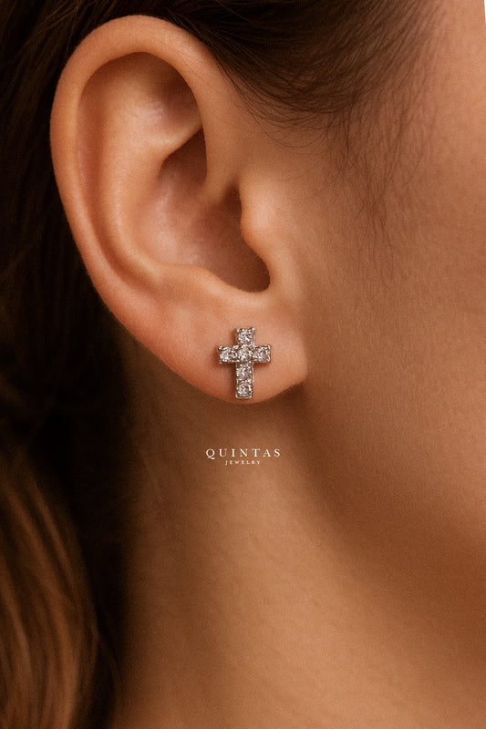 Iced Cross Silver Stud Earrings