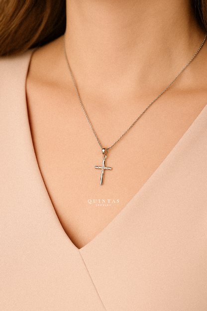 Studded Cross Silver Necklace