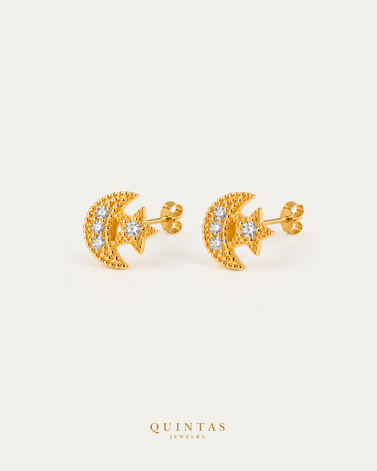 Astrid Moon and Star Rose Gold Stud Earrings, Astrid-Main pair with visible pushback stems