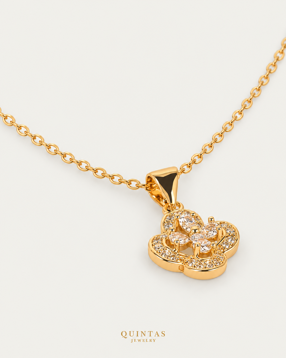Aurea White Clover Necklace, gold cable chain, oblique view
