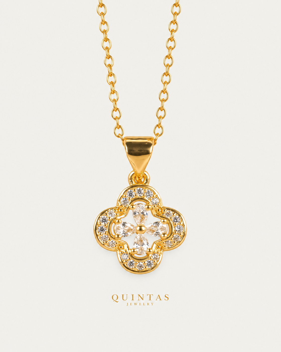 Aurea White Clover Necklace, gold cable chain, front view