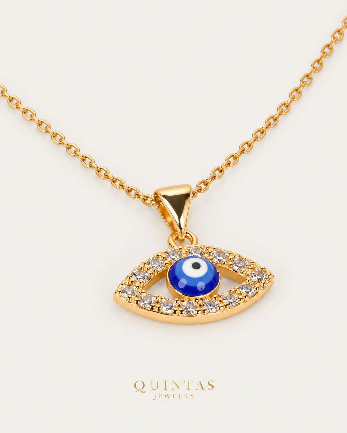 Azura Evil Eye Necklace, gold cable chain, oblique view