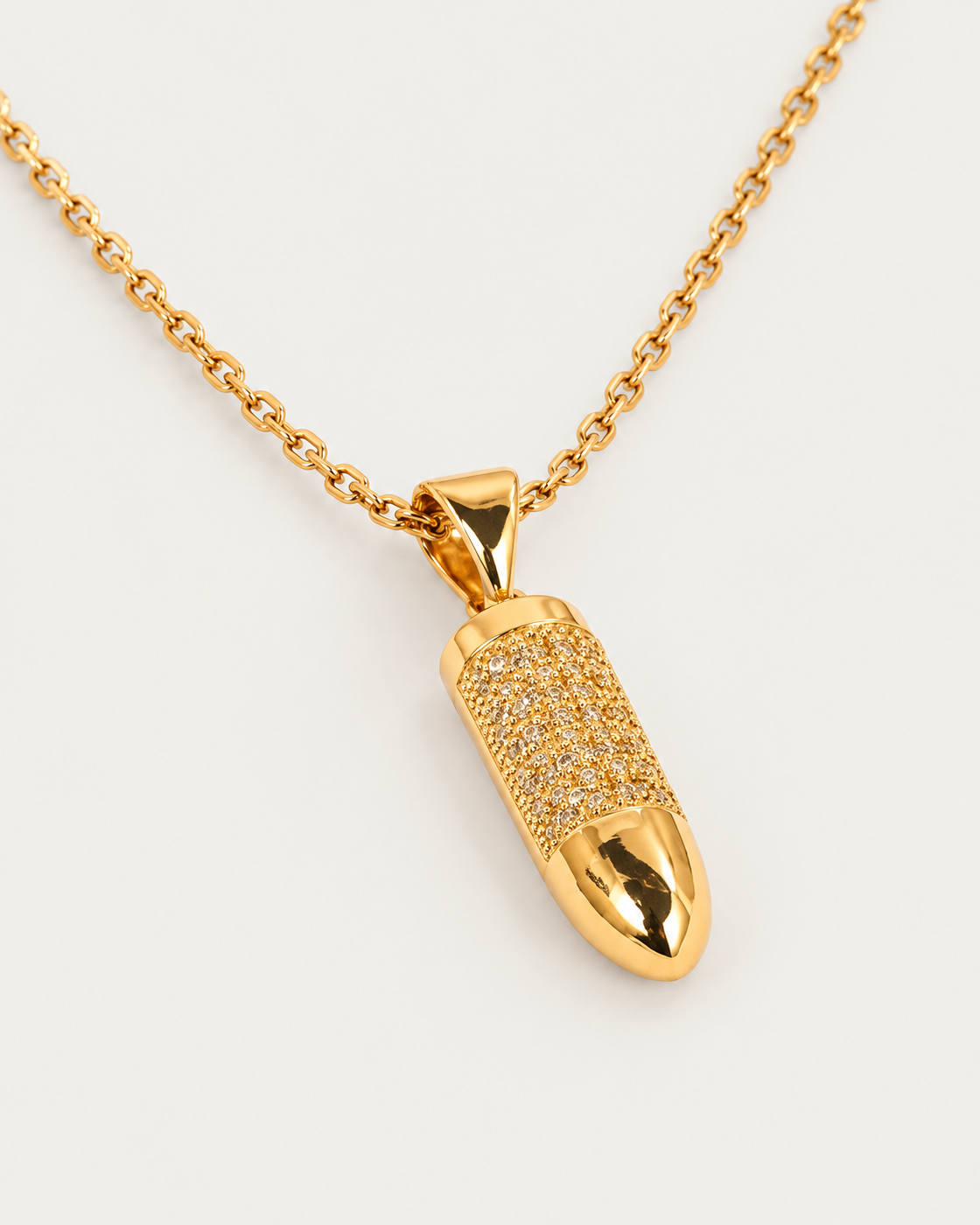 Bullet Charm Necklace, gold cable chain, oblique view