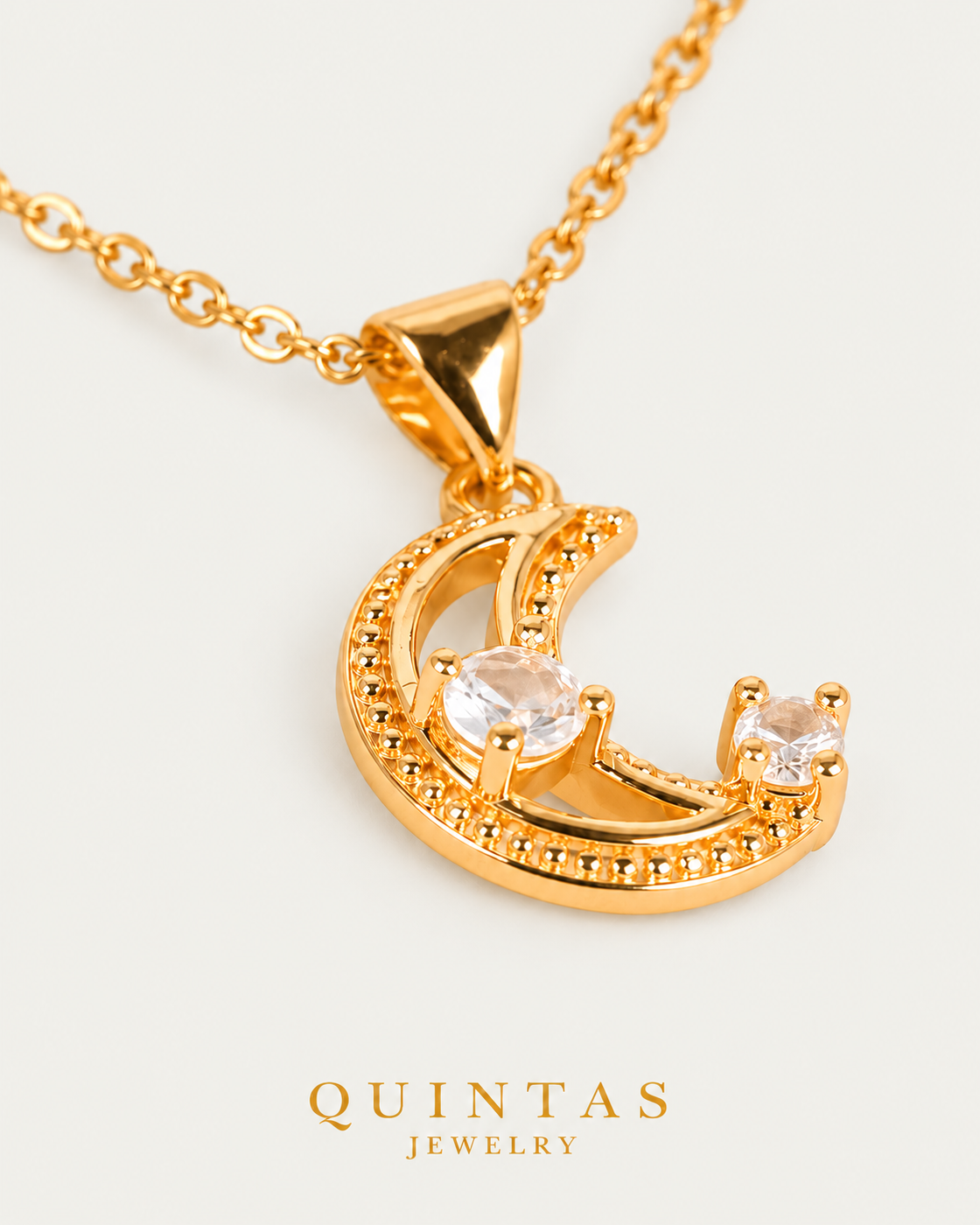 Celestine Moon Diamond — cable chain, genuine oblique detail, neutral greige background