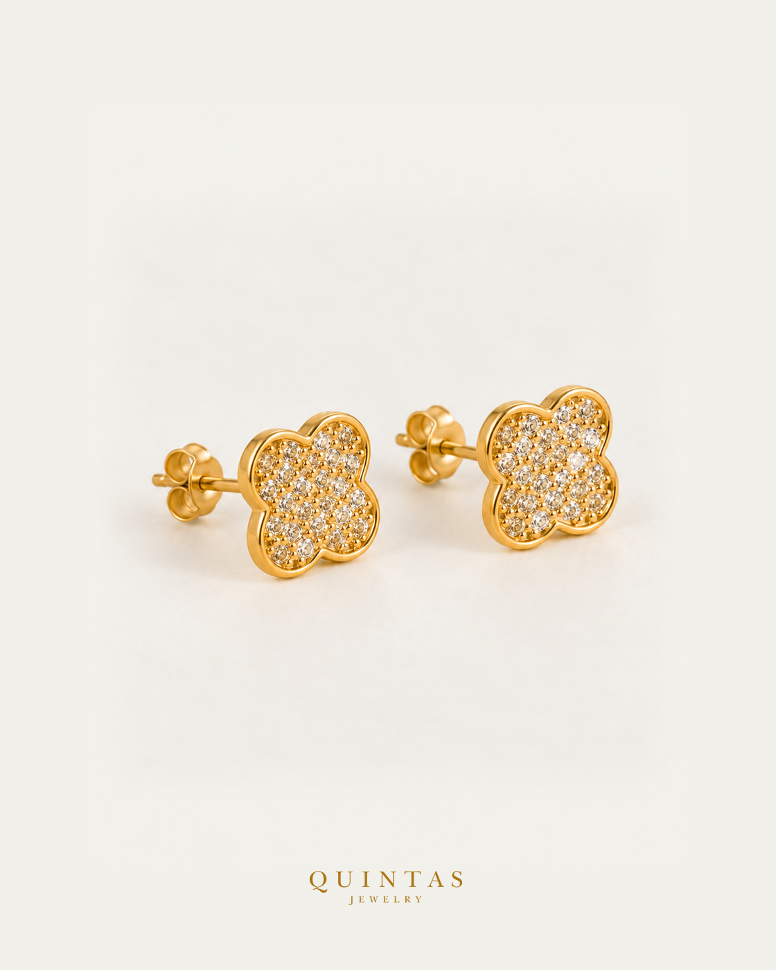 Classic Clover Stud Earrings gold pair with visible pushback stems, second view