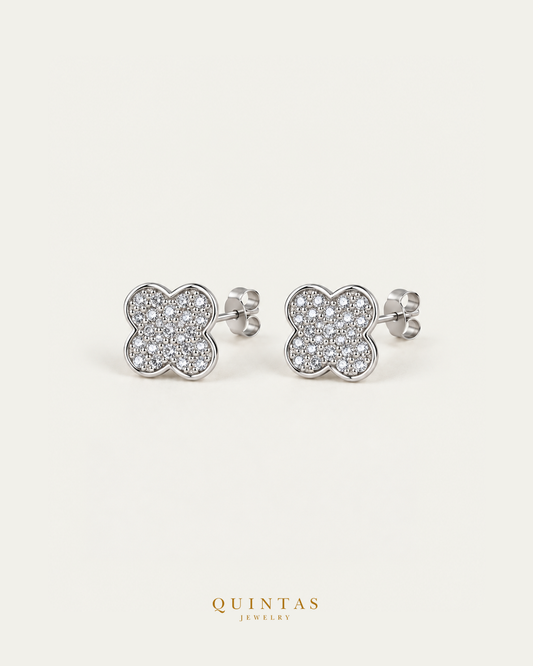 Classic Clover Silver Stud Earrings paired main view with connected stems and butterfly pushbacks