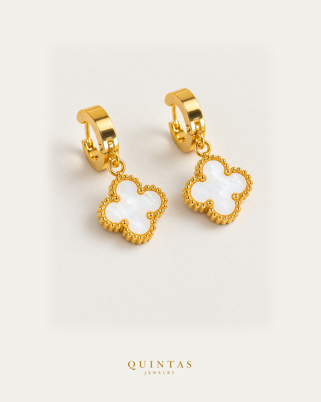 Clover Hoop Earrings White — matching pair, lying complementary angle, Quintas Jewelry