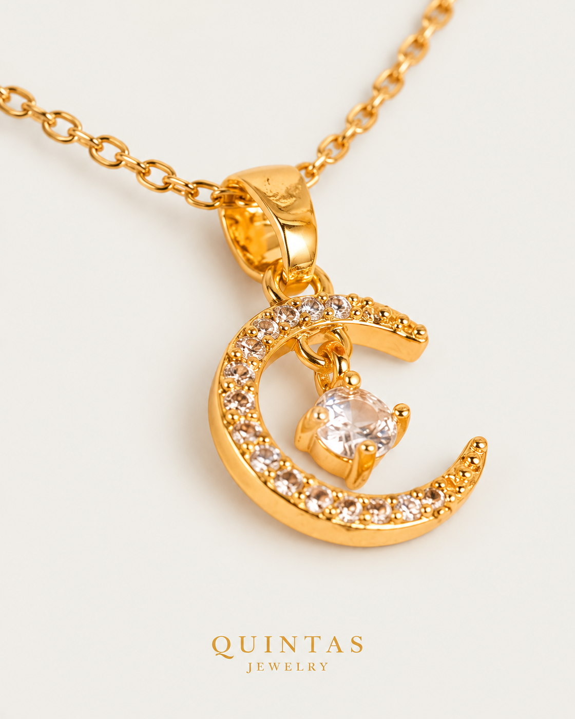 Diamond Moonstone — cable chain, genuine oblique detail, neutral greige background