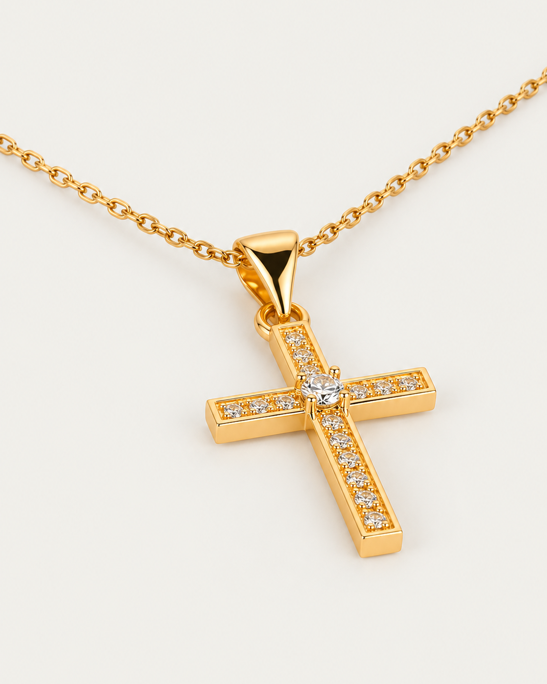 Elysian Cross Necklace, gold cable chain, oblique view