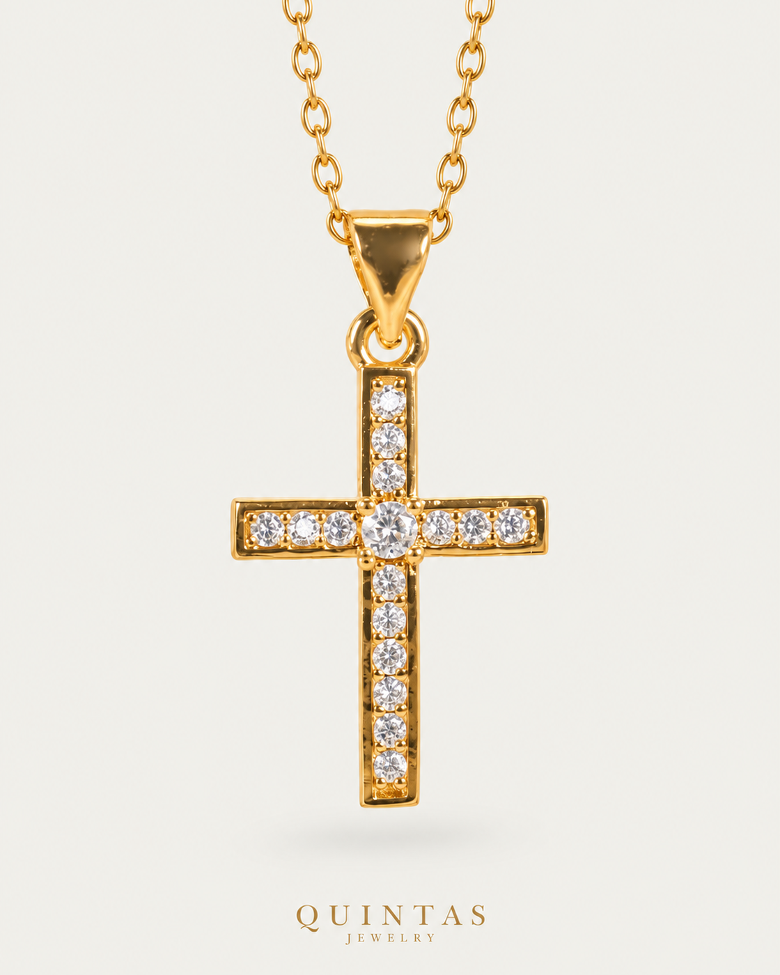 Elysian Cross Necklace, gold cable chain, front view