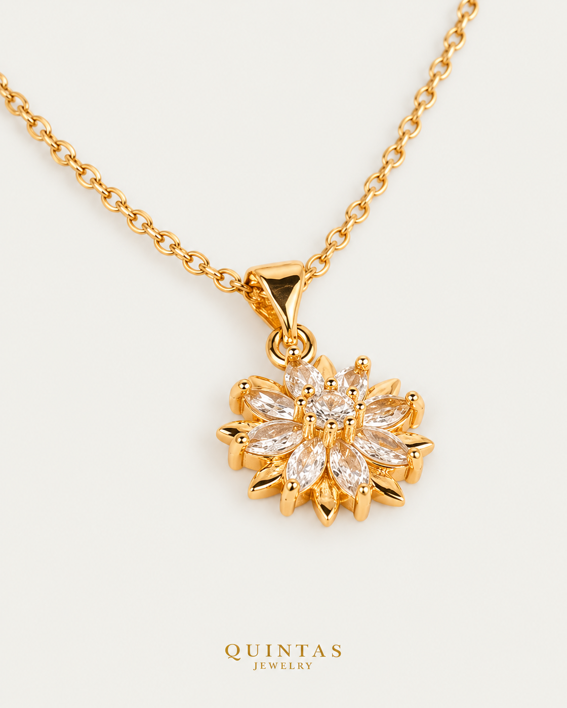 Floral Bloom Necklace, gold cable chain, oblique view