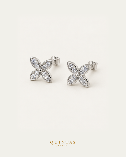Floryn stud earrings pair hero view with visible connected stems and butterfly backs