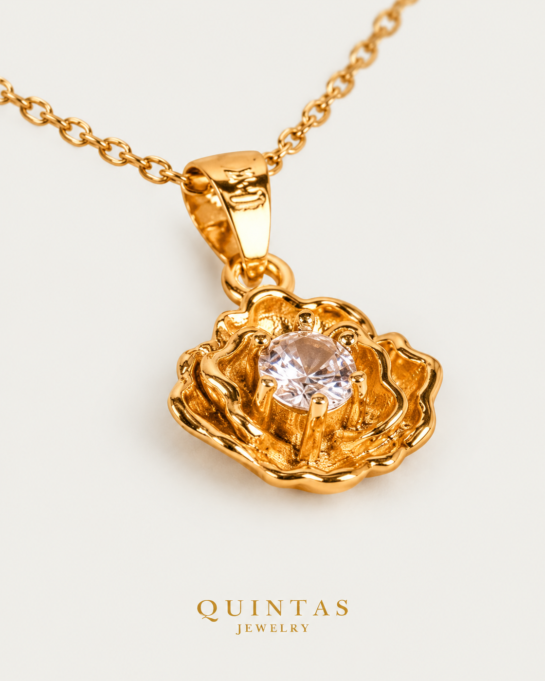 Flower Diamond — cable chain, genuine oblique detail, neutral greige background