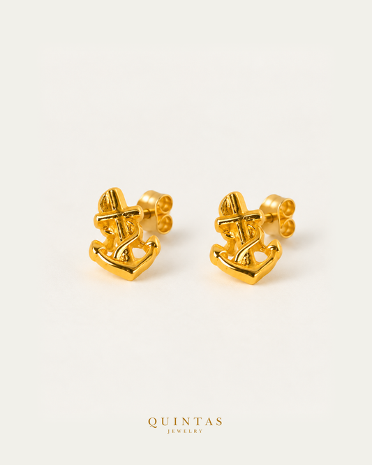 Golden Anchor Stud Earrings pair main view with connected pushback stems