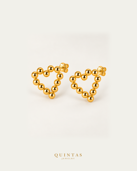 Golden Beaded Heart Stud Earrings pair main view with butterfly pushbacks