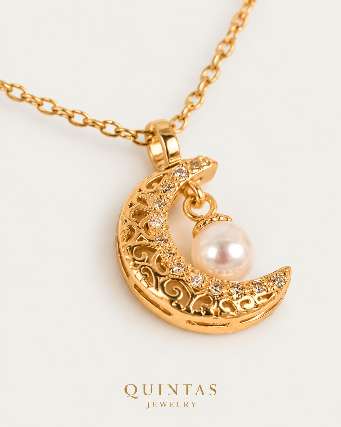 Helena Moon and Pearl — cable chain, genuine oblique detail, neutral greige background