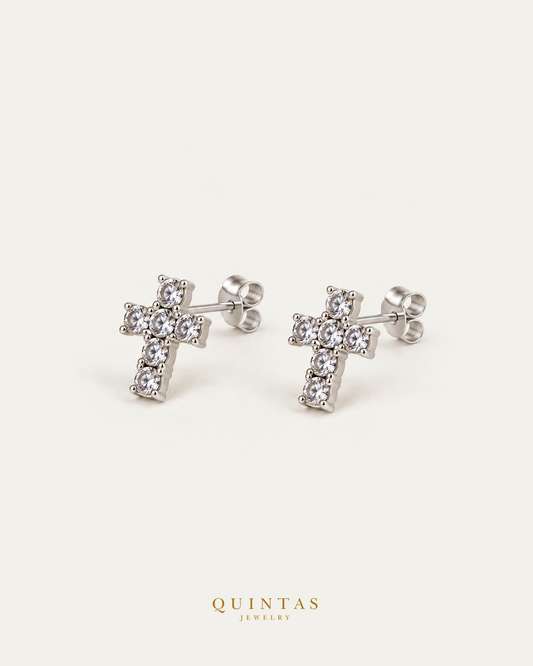 Iced Cross Silver Stud Earrings paired second angle with connected stems and butterfly pushbacks