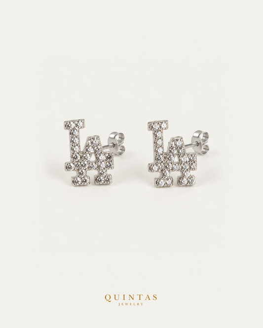 Los Angeles Silver Stud Earrings paired main view with connected stems and butterfly pushbacks