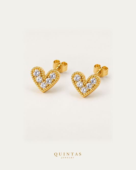Lovely Heart Stud Earrings pair main view with connected stems and butterfly pushbacks
