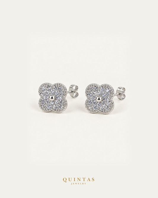 Lucia Silver Clover Stud Earrings pair main view with visible butterfly pushbacks