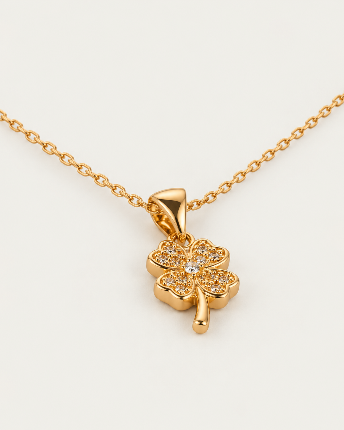 Lucky Clover Necklace, gold cable chain, oblique view