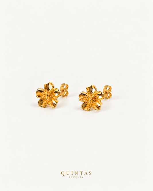Marigold Flower Stud Earrings pair main view, shorter stems and butterfly pushbacks