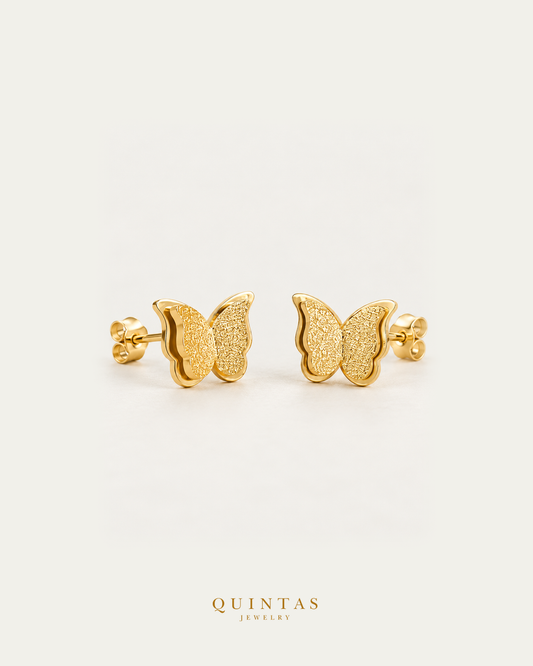Mariposa Butterfly Stud Earrings pair, layered textured gold wings with visible pushback stems, main view
