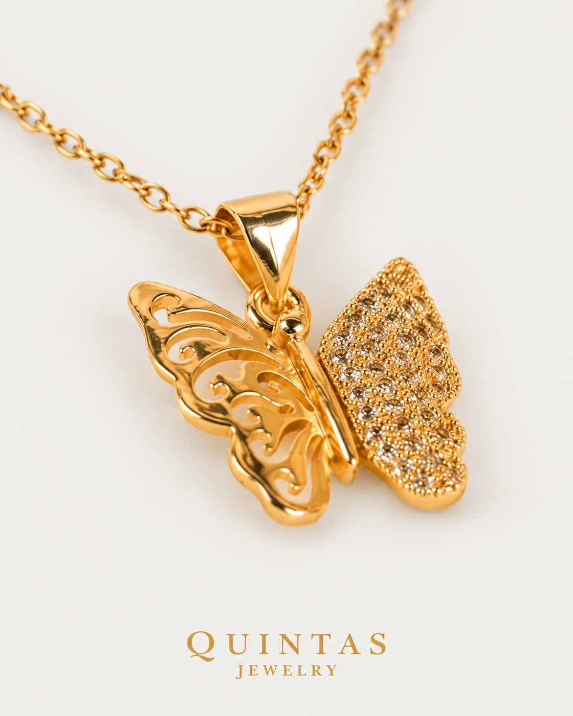 Mariposa Butterfly — cable chain, genuine oblique detail, neutral greige background