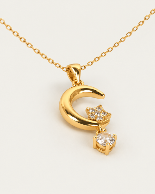 Moon Wish Necklace, gold cable chain, oblique view