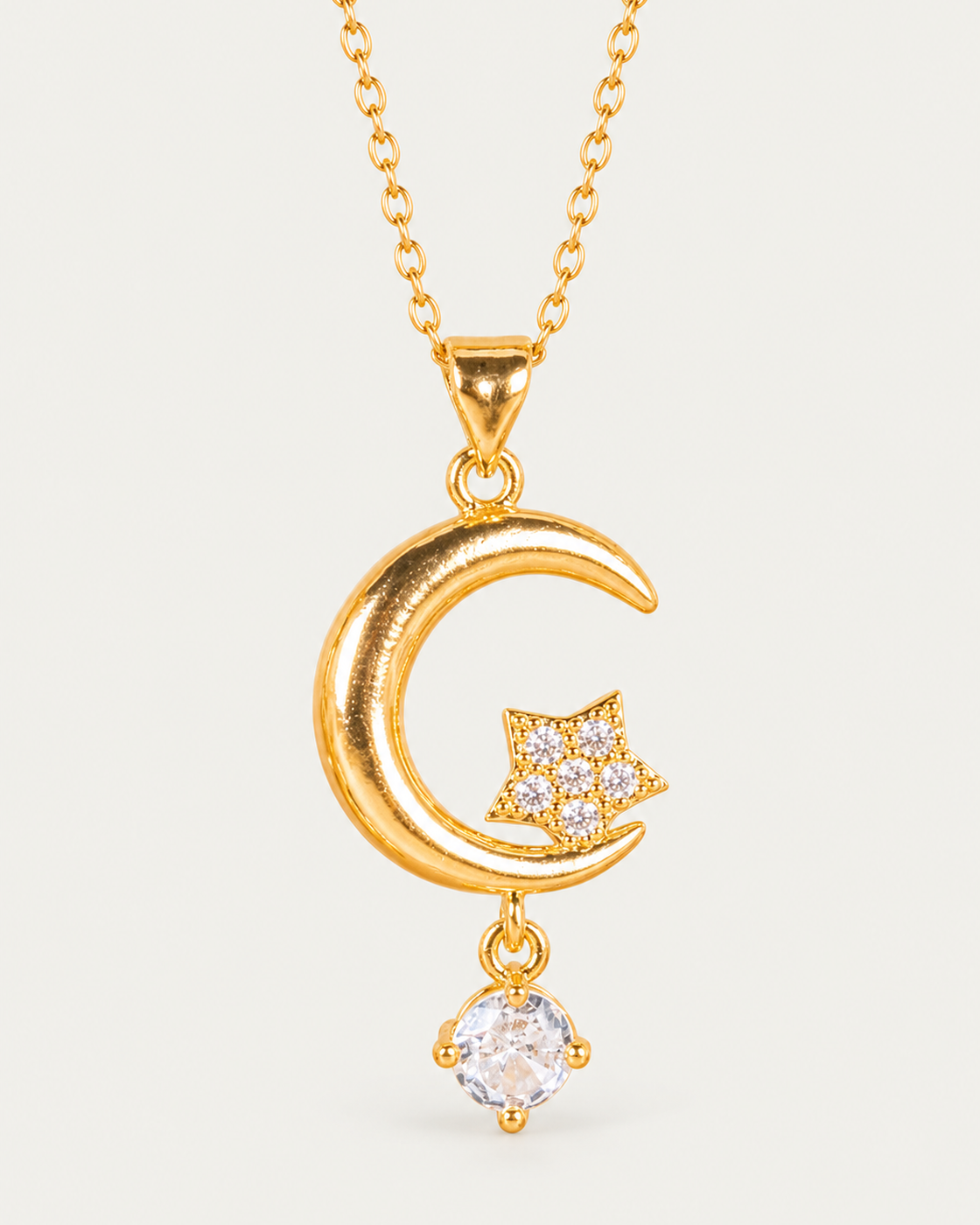 Moon Wish Necklace, gold cable chain, front view