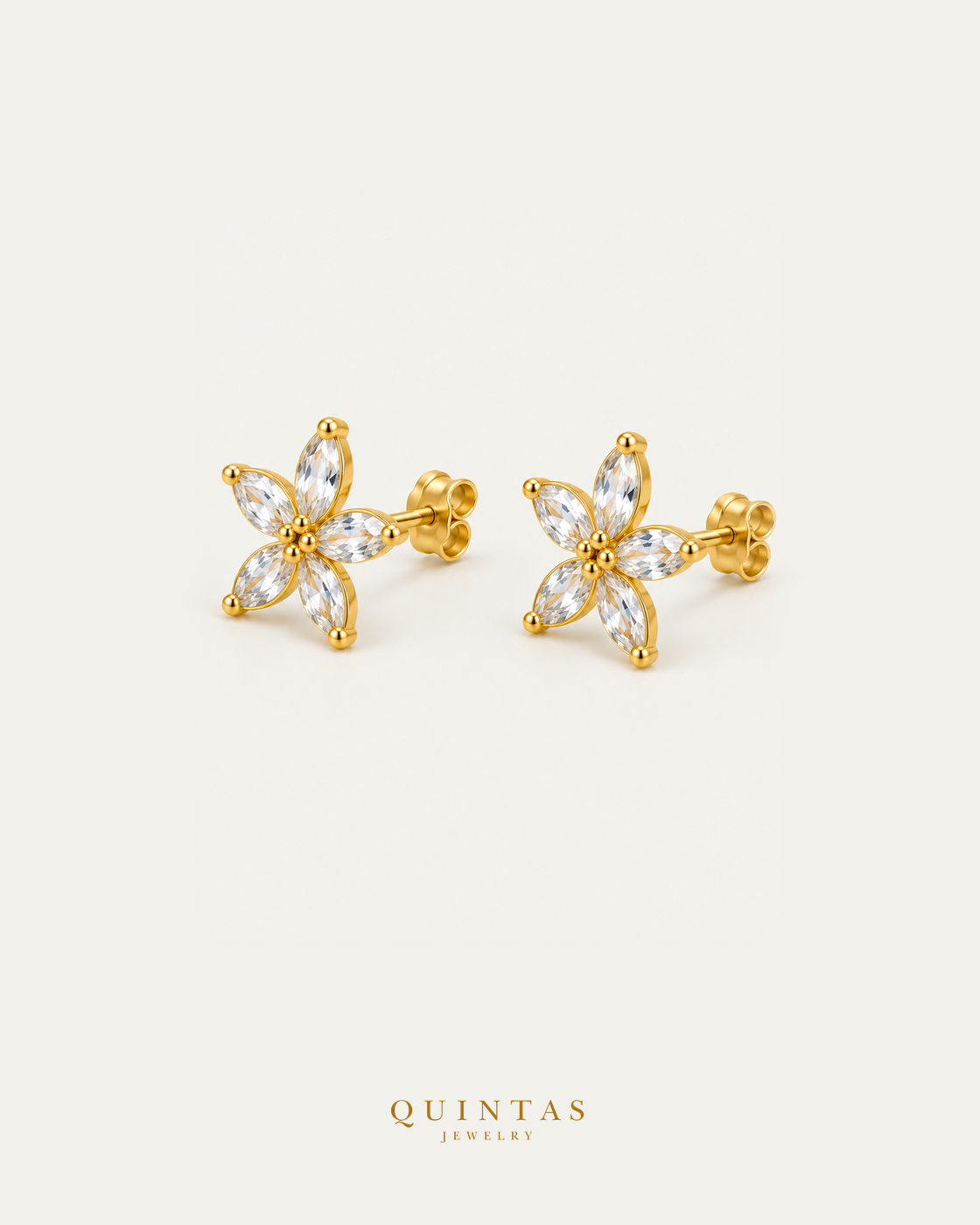 Petal Flower Stud Earrings pair, Hero angle with visible pushback stems