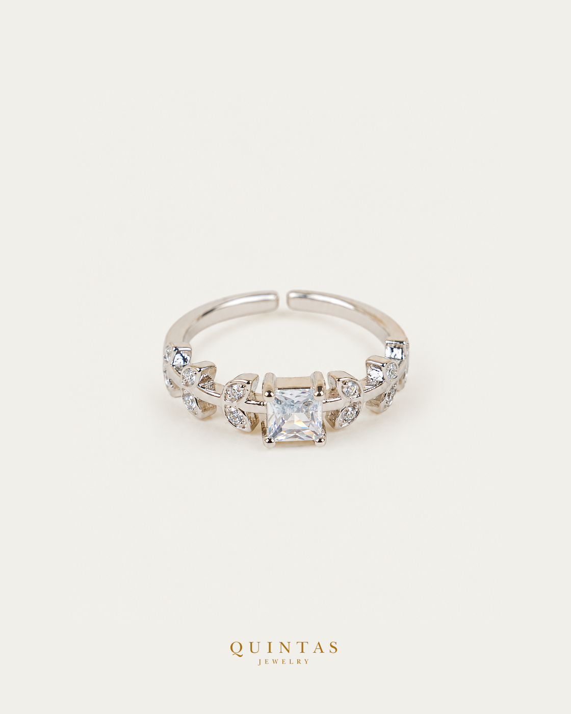 Fleur Diamond Silver Ring (Adjustable) — actual-source standalone ring, smaller framing, neutral greige