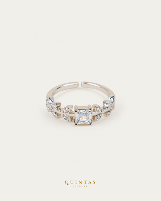 Fleur Diamond Silver Ring (Adjustable) — actual-source standalone ring, smaller framing, neutral greige