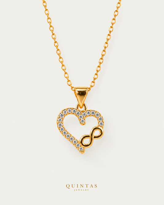 Forever Heart Necklace — gold cable chain, hero view, canonical Quintas logo