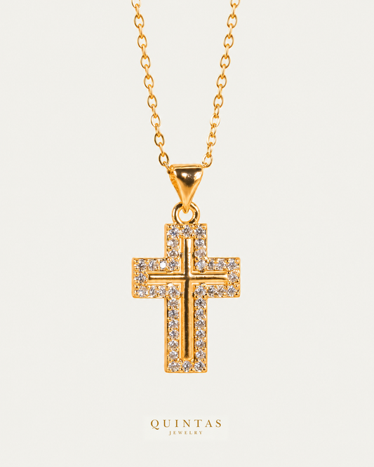 Graceful Cross Necklace — source-verified cable front view, off-white background, canonical gold logo