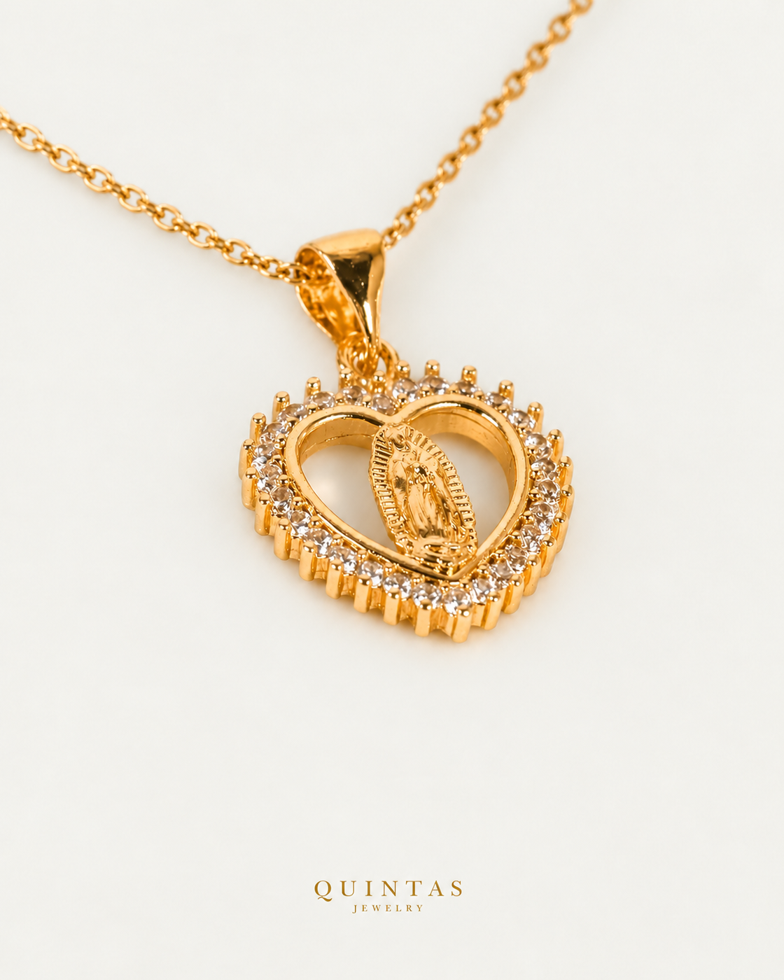 Heart of Mary Necklace on gold cable chain, companion angle, neutral greige