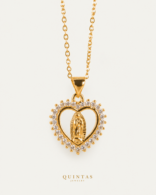 Heart of Mary Necklace on gold cable chain, hero angle, neutral greige