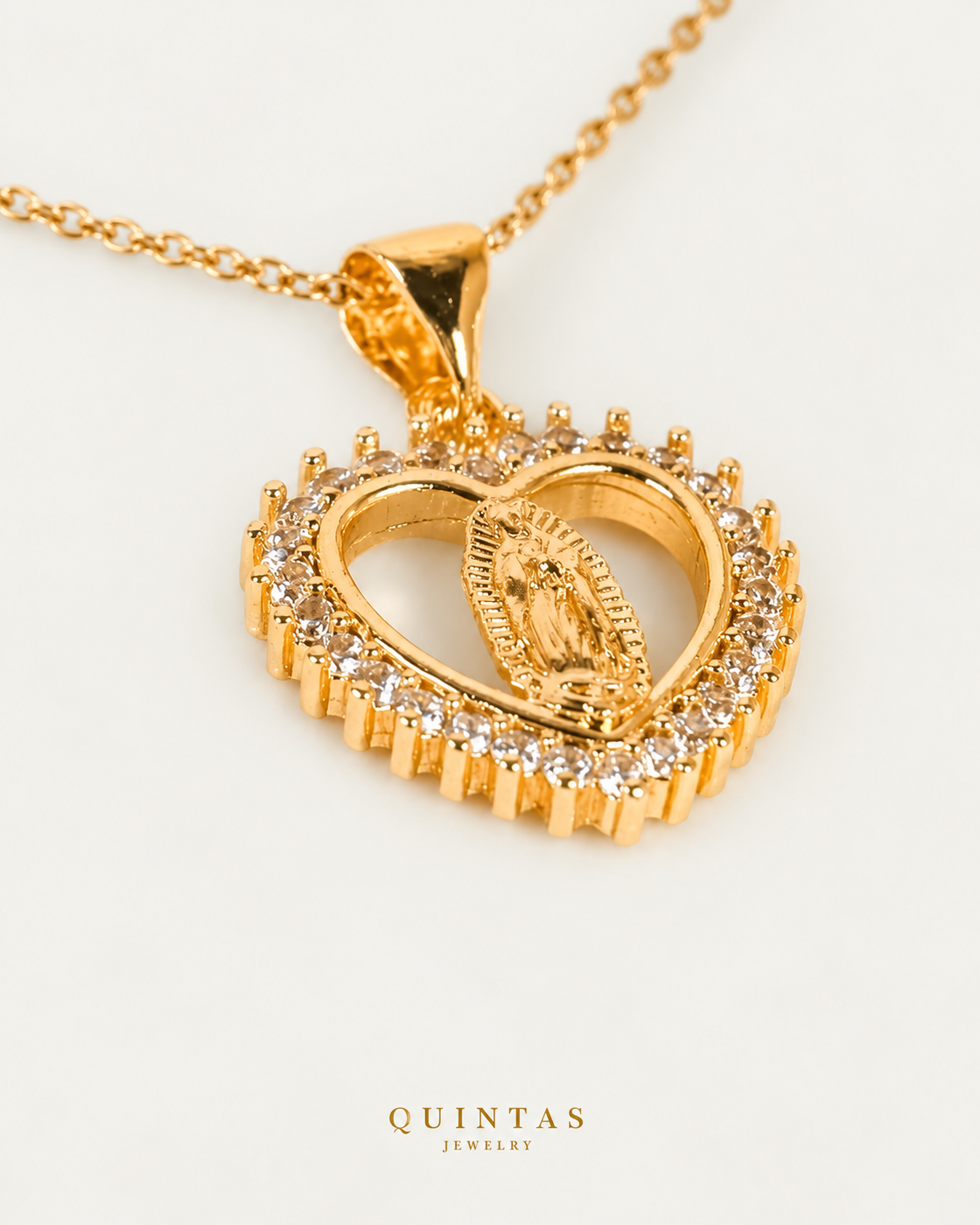 Heart of Mary Necklace — gold cable, genuine oblique angle, neutral greige