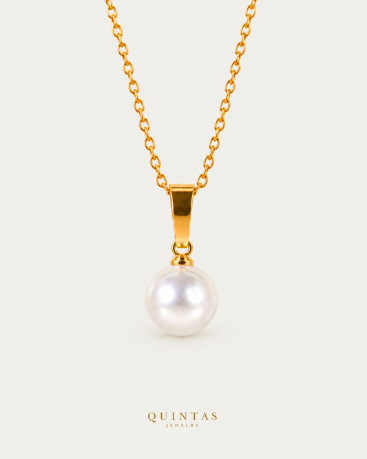 Aurielle Pearl Necklace on gold cable chain, hero angle, neutral greige