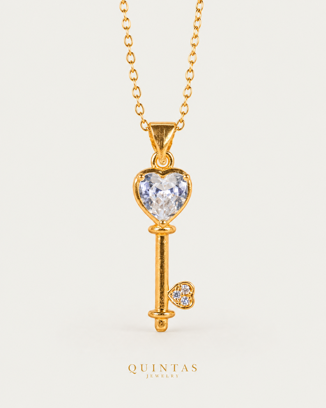 Key Diamond Heart Necklace, gold cable chain, front hero on neutral greige