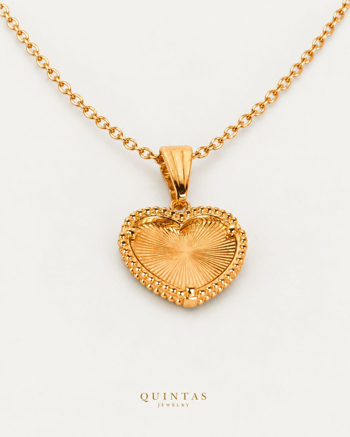 Solana Heart Necklace companion with canonical Quintas Jewelry logo