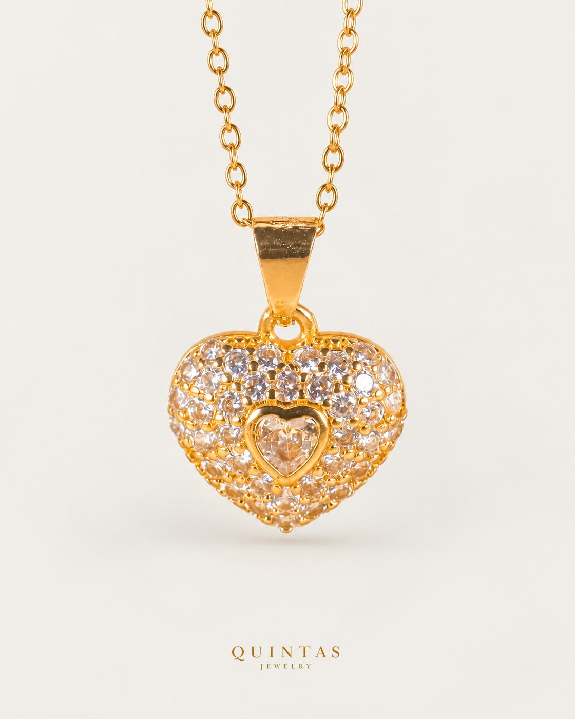 Sparkling Heart Necklace gold cable chain main view, canonical Quintas logo