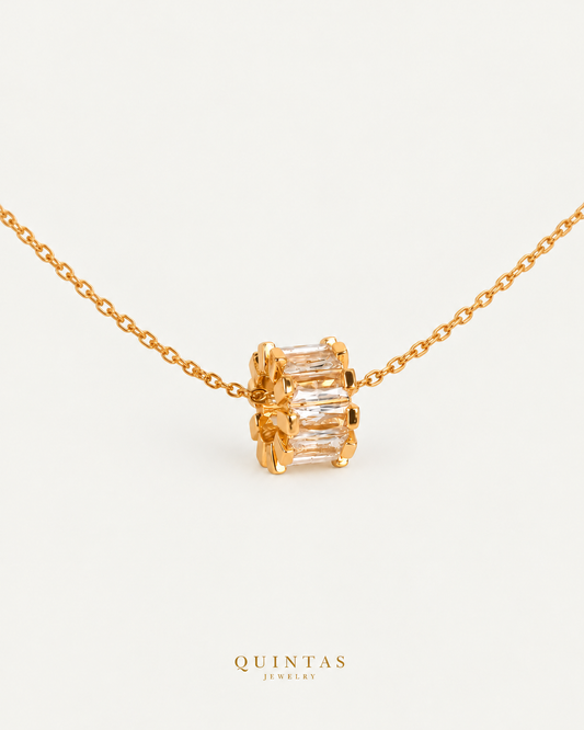 Ophelia Glass Barrel Necklace — gold cable chain, companion view, canonical Quintas logo