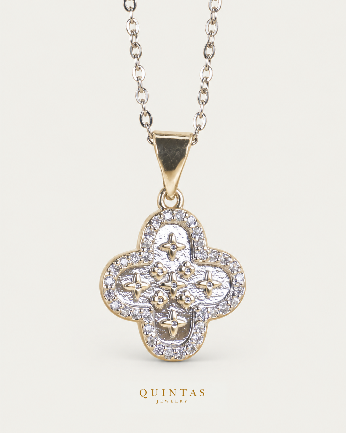 Silver Clover Charm Necklace main, unchanged jewelry and canonical Quintas Jewelry logo