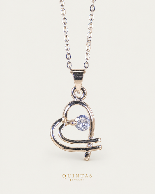 Interwined Hearts Silver Necklace, existing silver cable view, canonical Quintas logo