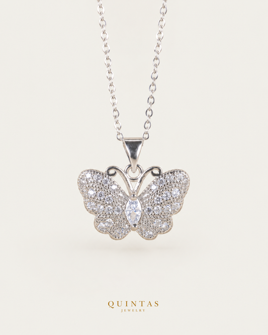 Jane Butterfly Silver Necklace, existing silver cable view, canonical Quintas logo