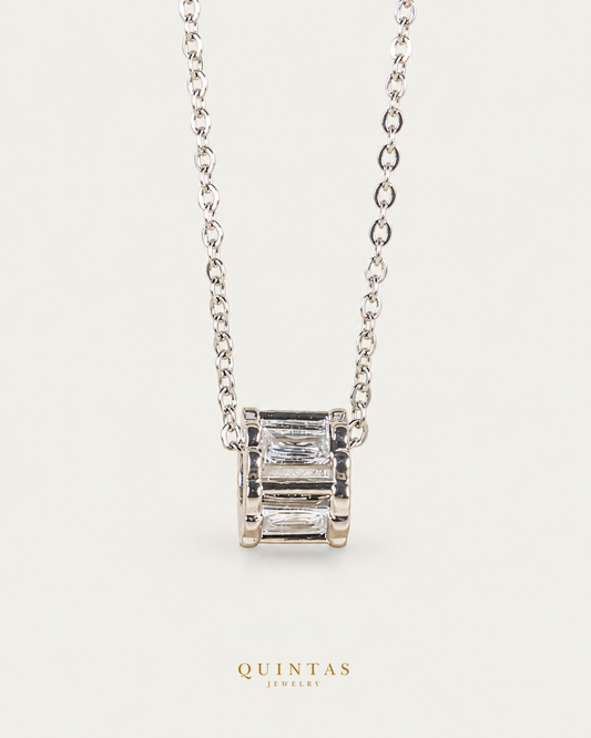 Luke Silver Barrel Necklace, existing silver cable view, canonical Quintas logo